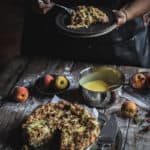 Peach Crumble Pie w Salted Pecans Nutmeg Creme Anglaise