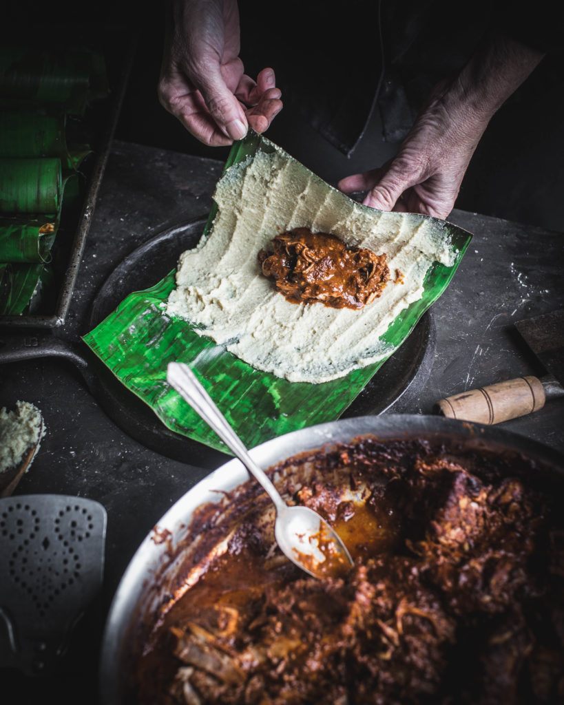 Place mole on banana leaf