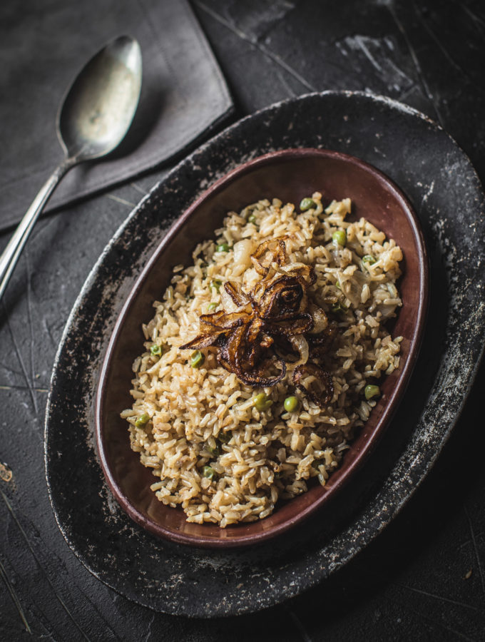Toasted Brown Rice with Caramelized Onions and Peas