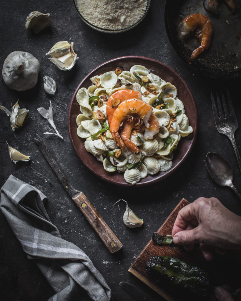 Overhead pic of Creamy Poblano Pasta with Garlic Shrimp
