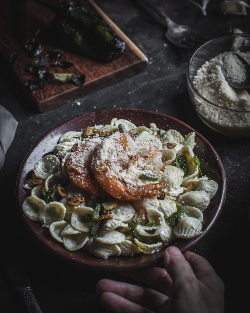 dish of Creamy Poblano Pasta with Garlic Shrimp
