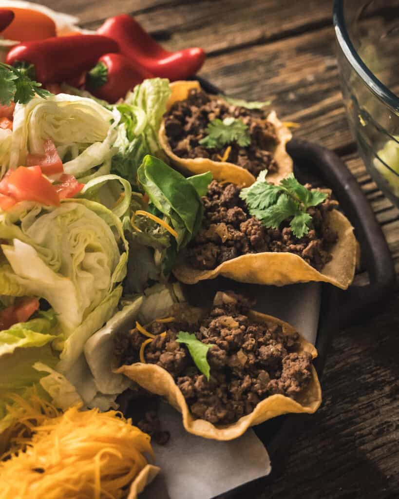 Spicy Taco Meat on a tortilla cup