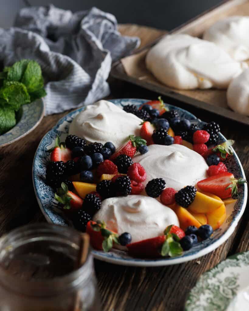 platter of pavlova with Honey Smashed Raspberries