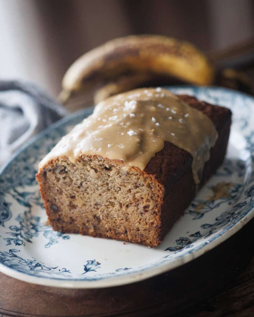 loaf of banana bread on platter