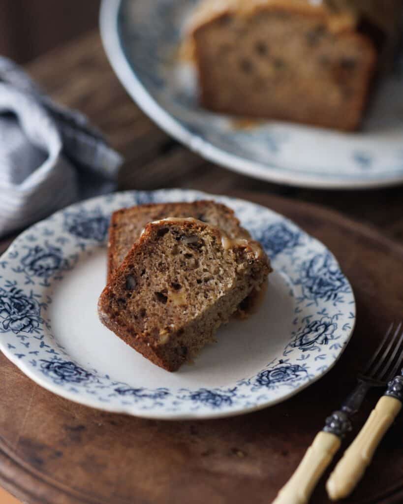 plate with slices of salted caramel banana bread