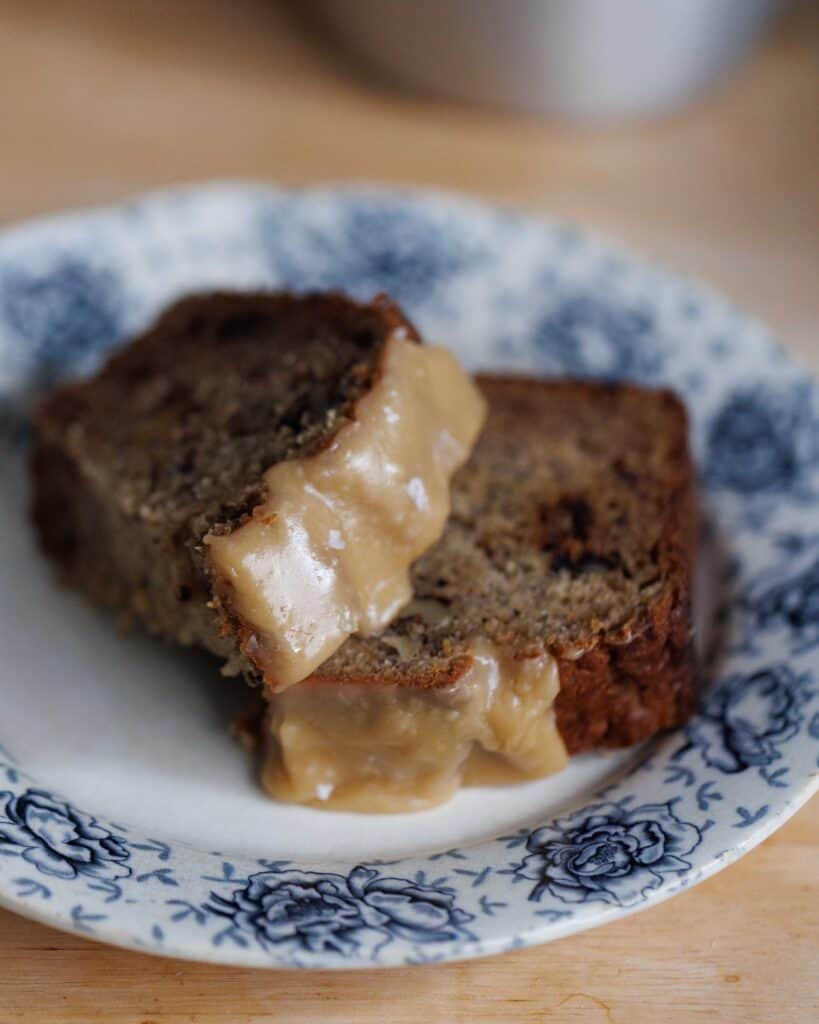 plate with slices of salted caramel banana bread