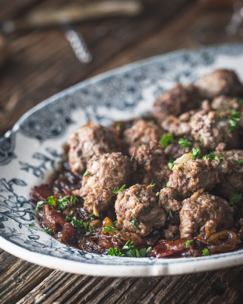 close up of platter of Meatballs with Maple Onion Bacon Jam